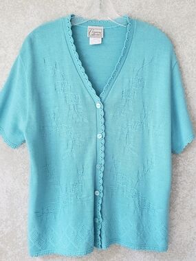 NY Collection Aqua Short-Sleeve Knit Cardigan with Scalloped Trim Large